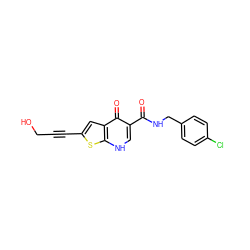 O=C(NCc1ccc(Cl)cc1)c1c[nH]c2sc(C#CCO)cc2c1=O ZINC000003926700