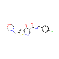 O=C(NCc1ccc(Cl)cc1)c1c[nH]c2sc(CN3CCOCC3)cc2c1=O ZINC000028902219