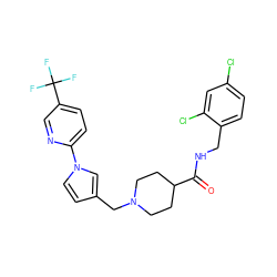 O=C(NCc1ccc(Cl)cc1Cl)C1CCN(Cc2ccn(-c3ccc(C(F)(F)F)cn3)c2)CC1 ZINC000043067512