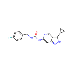 O=C(NCc1ccc(F)cc1)Nc1cc2n[nH]c(C3CC3)c2cn1 ZINC000205434128