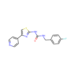 O=C(NCc1ccc(F)cc1)Nc1nc(-c2ccncc2)cs1 ZINC000165706184