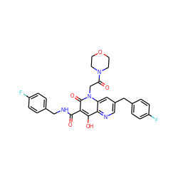 O=C(NCc1ccc(F)cc1)c1c(O)c2ncc(Cc3ccc(F)cc3)cc2n(CC(=O)N2CCOCC2)c1=O ZINC000102899582