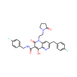 O=C(NCc1ccc(F)cc1)c1c(O)c2ncc(Cc3ccc(F)cc3)cc2n(CCN2CCCC2=O)c1=O ZINC000102905942