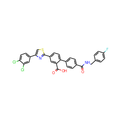 O=C(NCc1ccc(F)cc1)c1ccc(-c2ccc(-c3nc(-c4ccc(Cl)c(Cl)c4)cs3)cc2C(=O)O)cc1 ZINC000205045441