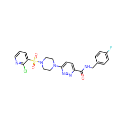 O=C(NCc1ccc(F)cc1)c1ccc(N2CCN(S(=O)(=O)c3cccnc3Cl)CC2)nn1 ZINC001772651113