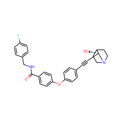 O=C(NCc1ccc(F)cc1)c1ccc(Oc2ccc(C#C[C@]3(O)CN4CCC3CC4)cc2)cc1 ZINC000073240467