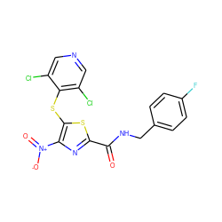 O=C(NCc1ccc(F)cc1)c1nc([N+](=O)[O-])c(Sc2c(Cl)cncc2Cl)s1 ZINC001772657633