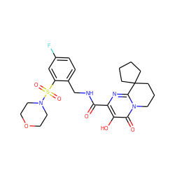 O=C(NCc1ccc(F)cc1S(=O)(=O)N1CCOCC1)c1nc2n(c(=O)c1O)CCCC21CCCC1 ZINC000200630003