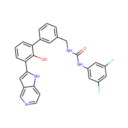 O=C(NCc1cccc(-c2cccc(-c3cc4cnccc4[nH]3)c2O)c1)Nc1cc(F)cc(F)c1 ZINC000101050007