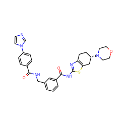 O=C(NCc1cccc(C(=O)Nc2nc3c(s2)C[C@@H](N2CCOCC2)CC3)c1)c1ccc(-n2ccnc2)cc1 ZINC000167970930