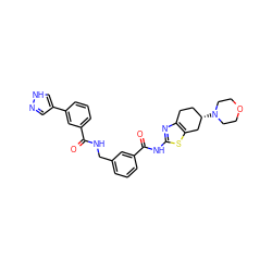 O=C(NCc1cccc(C(=O)Nc2nc3c(s2)C[C@@H](N2CCOCC2)CC3)c1)c1cccc(-c2cn[nH]c2)c1 ZINC000167970582