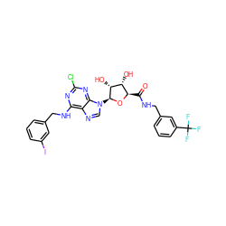 O=C(NCc1cccc(C(F)(F)F)c1)[C@H]1O[C@@H](n2cnc3c(NCc4cccc(I)c4)nc(Cl)nc32)[C@H](O)[C@@H]1O ZINC000096901195