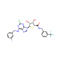 O=C(NCc1cccc(C(F)(F)F)c1)[C@H]1S[C@@H](n2cnc3c(NCc4cccc(I)c4)nc(Cl)nc32)[C@H](O)[C@@H]1O ZINC000028566935