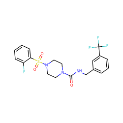 O=C(NCc1cccc(C(F)(F)F)c1)N1CCN(S(=O)(=O)c2ccccc2F)CC1 ZINC000012679252