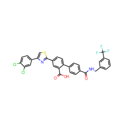 O=C(NCc1cccc(C(F)(F)F)c1)c1ccc(-c2ccc(-c3nc(-c4ccc(Cl)c(Cl)c4)cs3)cc2C(=O)O)cc1 ZINC000205045367