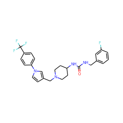 O=C(NCc1cccc(F)c1)NC1CCN(Cc2ccn(-c3ccc(C(F)(F)F)cc3)c2)CC1 ZINC000034637559