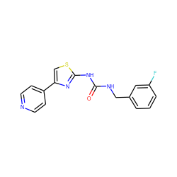 O=C(NCc1cccc(F)c1)Nc1nc(-c2ccncc2)cs1 ZINC000165916277