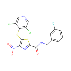 O=C(NCc1cccc(F)c1)c1nc([N+](=O)[O-])c(Sc2c(Cl)cncc2Cl)s1 ZINC001772635755