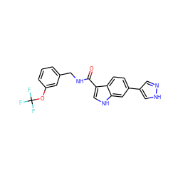 O=C(NCc1cccc(OC(F)(F)F)c1)c1c[nH]c2cc(-c3cn[nH]c3)ccc12 ZINC000073165672