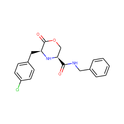 O=C(NCc1ccccc1)[C@@H]1COC(=O)[C@H](Cc2ccc(Cl)cc2)N1 ZINC000034892341