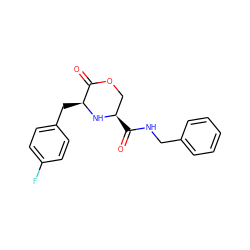 O=C(NCc1ccccc1)[C@@H]1COC(=O)[C@H](Cc2ccc(F)cc2)N1 ZINC000038147795