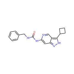 O=C(NCc1ccccc1)Nc1cc2n[nH]c(C3CCC3)c2cn1 ZINC000219744890