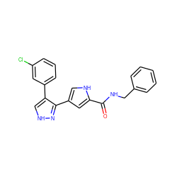 O=C(NCc1ccccc1)c1cc(-c2n[nH]cc2-c2cccc(Cl)c2)c[nH]1 ZINC000020149027