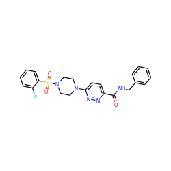 O=C(NCc1ccccc1)c1ccc(N2CCN(S(=O)(=O)c3ccccc3F)CC2)nn1 ZINC001772587747