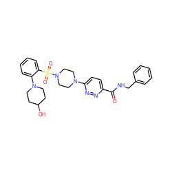 O=C(NCc1ccccc1)c1ccc(N2CCN(S(=O)(=O)c3ccccc3N3CCC(O)CC3)CC2)nn1 ZINC001772647284