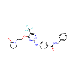 O=C(NCc1ccccc1)c1ccc(Nc2ncc(C(F)(F)F)c(OCCN3CCCC3=O)n2)cc1 ZINC000148457556