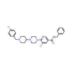 O=C(NCc1ccccc1)c1cnc(N2CCN(C3CCN(Cc4ccc(Cl)cc4)CC3)CC2)c(Cl)c1 ZINC000049709509