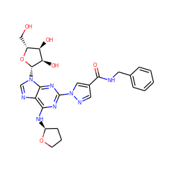 O=C(NCc1ccccc1)c1cnn(-c2nc(N[C@H]3CCCO3)c3ncn([C@@H]4O[C@H](CO)[C@@H](O)[C@H]4O)c3n2)c1 ZINC000028817627