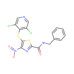 O=C(NCc1ccccc1)c1nc([N+](=O)[O-])c(Sc2c(Cl)cncc2Cl)s1 ZINC001772623675