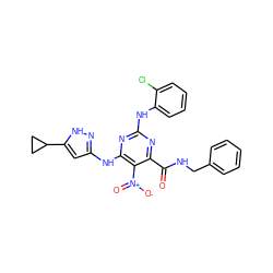 O=C(NCc1ccccc1)c1nc(Nc2ccccc2Cl)nc(Nc2cc(C3CC3)[nH]n2)c1[N+](=O)[O-] ZINC000203007159