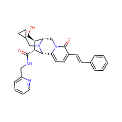 O=C(NCc1ccccn1)[C@H]1[C@H]2c3ccc(/C=C/c4ccccc4)c(=O)n3C[C@@H]([C@@H]1CO)N2CC1CC1 ZINC000095884597