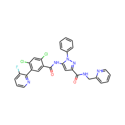 O=C(NCc1ccccn1)c1cc(NC(=O)c2cc(-c3ncccc3F)c(Cl)cc2Cl)n(-c2ccccc2)n1 ZINC001772588470