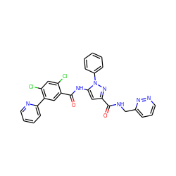 O=C(NCc1cccnn1)c1cc(NC(=O)c2cc(-c3ccccn3)c(Cl)cc2Cl)n(-c2ccccc2)n1 ZINC001772577585