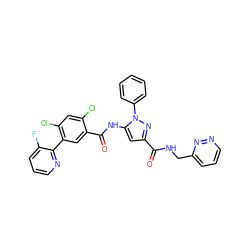 O=C(NCc1cccnn1)c1cc(NC(=O)c2cc(-c3ncccc3F)c(Cl)cc2Cl)n(-c2ccccc2)n1 ZINC001772638194