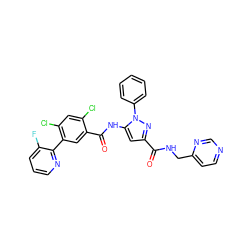 O=C(NCc1ccncn1)c1cc(NC(=O)c2cc(-c3ncccc3F)c(Cl)cc2Cl)n(-c2ccccc2)n1 ZINC001772592292