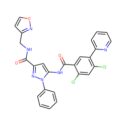 O=C(NCc1ccon1)c1cc(NC(=O)c2cc(-c3ccccn3)c(Cl)cc2Cl)n(-c2ccccc2)n1 ZINC001772613836