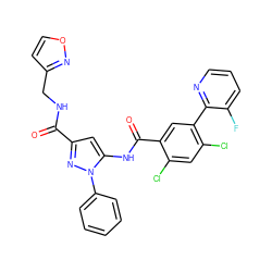 O=C(NCc1ccon1)c1cc(NC(=O)c2cc(-c3ncccc3F)c(Cl)cc2Cl)n(-c2ccccc2)n1 ZINC001772642354