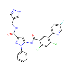 O=C(NCc1cn[nH]c1)c1cc(NC(=O)c2cc(-c3ccc(F)cn3)c(Cl)cc2Cl)n(-c2ccccc2)n1 ZINC001772636040