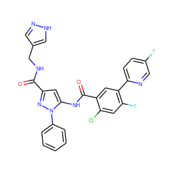 O=C(NCc1cn[nH]c1)c1cc(NC(=O)c2cc(-c3ccc(F)cn3)c(F)cc2Cl)n(-c2ccccc2)n1 ZINC001772649917