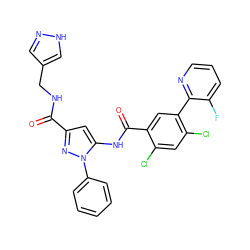 O=C(NCc1cn[nH]c1)c1cc(NC(=O)c2cc(-c3ncccc3F)c(Cl)cc2Cl)n(-c2ccccc2)n1 ZINC001772639499