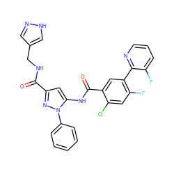 O=C(NCc1cn[nH]c1)c1cc(NC(=O)c2cc(-c3ncccc3F)c(F)cc2Cl)n(-c2ccccc2)n1 ZINC001772629936