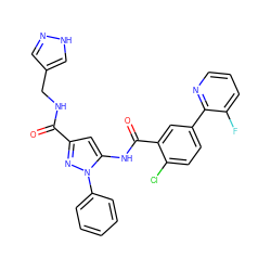 O=C(NCc1cn[nH]c1)c1cc(NC(=O)c2cc(-c3ncccc3F)ccc2Cl)n(-c2ccccc2)n1 ZINC001772654353