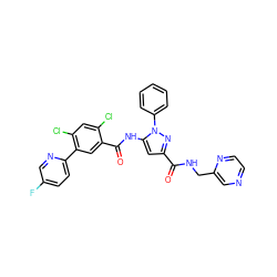 O=C(NCc1cnccn1)c1cc(NC(=O)c2cc(-c3ccc(F)cn3)c(Cl)cc2Cl)n(-c2ccccc2)n1 ZINC001772592727