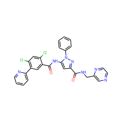 O=C(NCc1cnccn1)c1cc(NC(=O)c2cc(-c3ccccn3)c(Cl)cc2Cl)n(-c2ccccc2)n1 ZINC001772593903