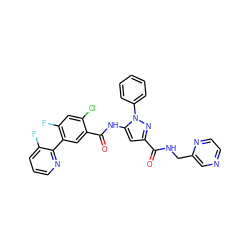 O=C(NCc1cnccn1)c1cc(NC(=O)c2cc(-c3ncccc3F)c(F)cc2Cl)n(-c2ccccc2)n1 ZINC001772588767