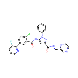 O=C(NCc1cnccn1)c1cc(NC(=O)c2cc(-c3ncccc3F)ccc2Cl)n(-c2ccccc2)n1 ZINC001772657903